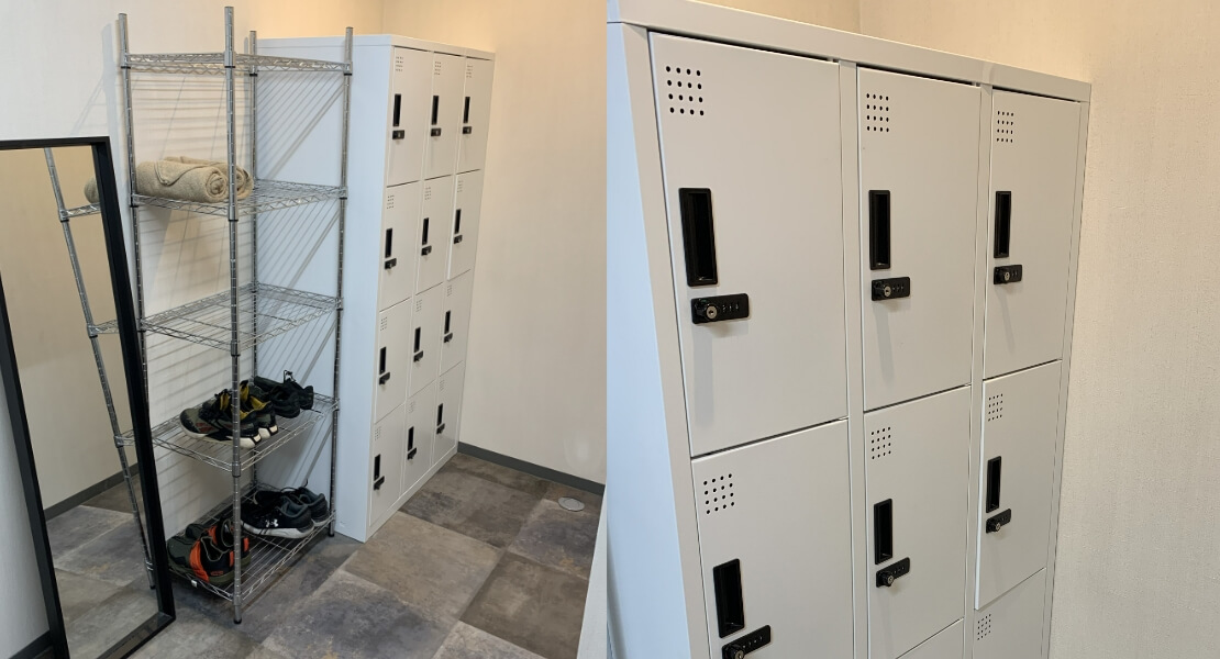 鍵付きロッカー（月極）やどなたでも置きっぱなしが可能なシューズラック完備。（画像）