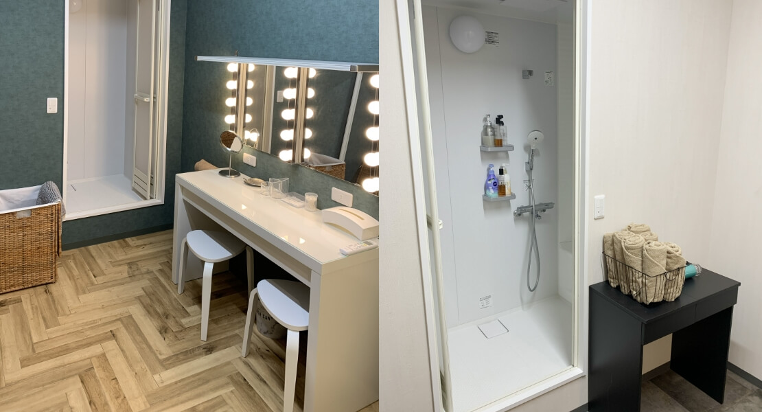 男女別更衣室にはシャワーブースも完備。シャワー用無料貸出しタオル有。（画像）